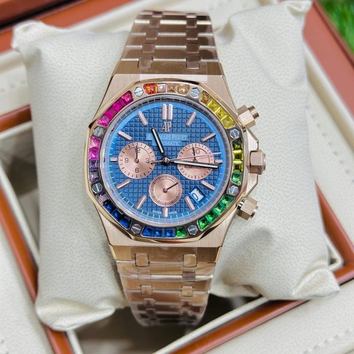 Audemars Piguet Royal Oak – Rainbow Bezel | Rose Gold & Blue Dial (Master Grade)