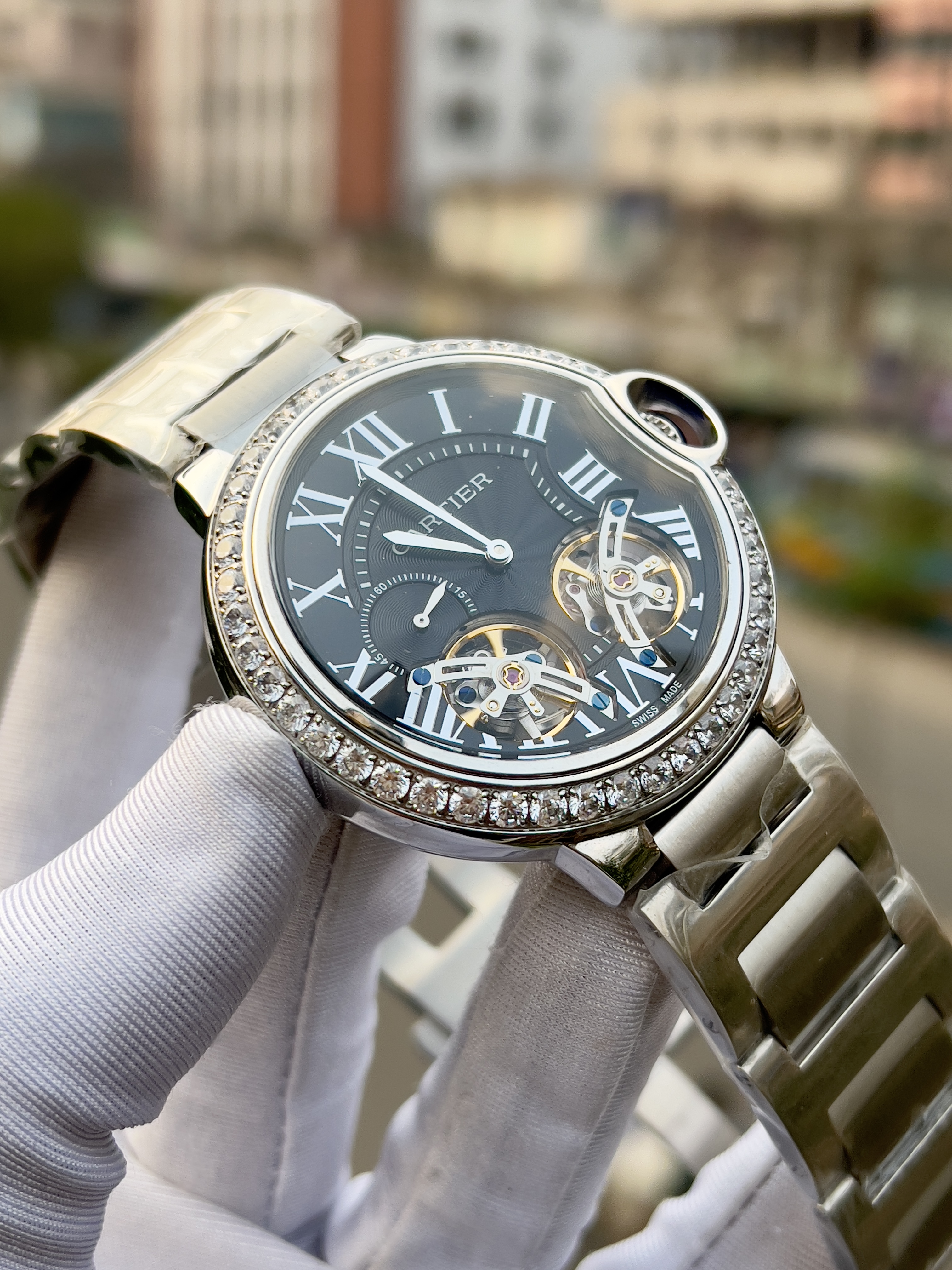 Cartier-Inspired Double Tourbillon – Open Heart Dial with Diamond Bezel - Image 2