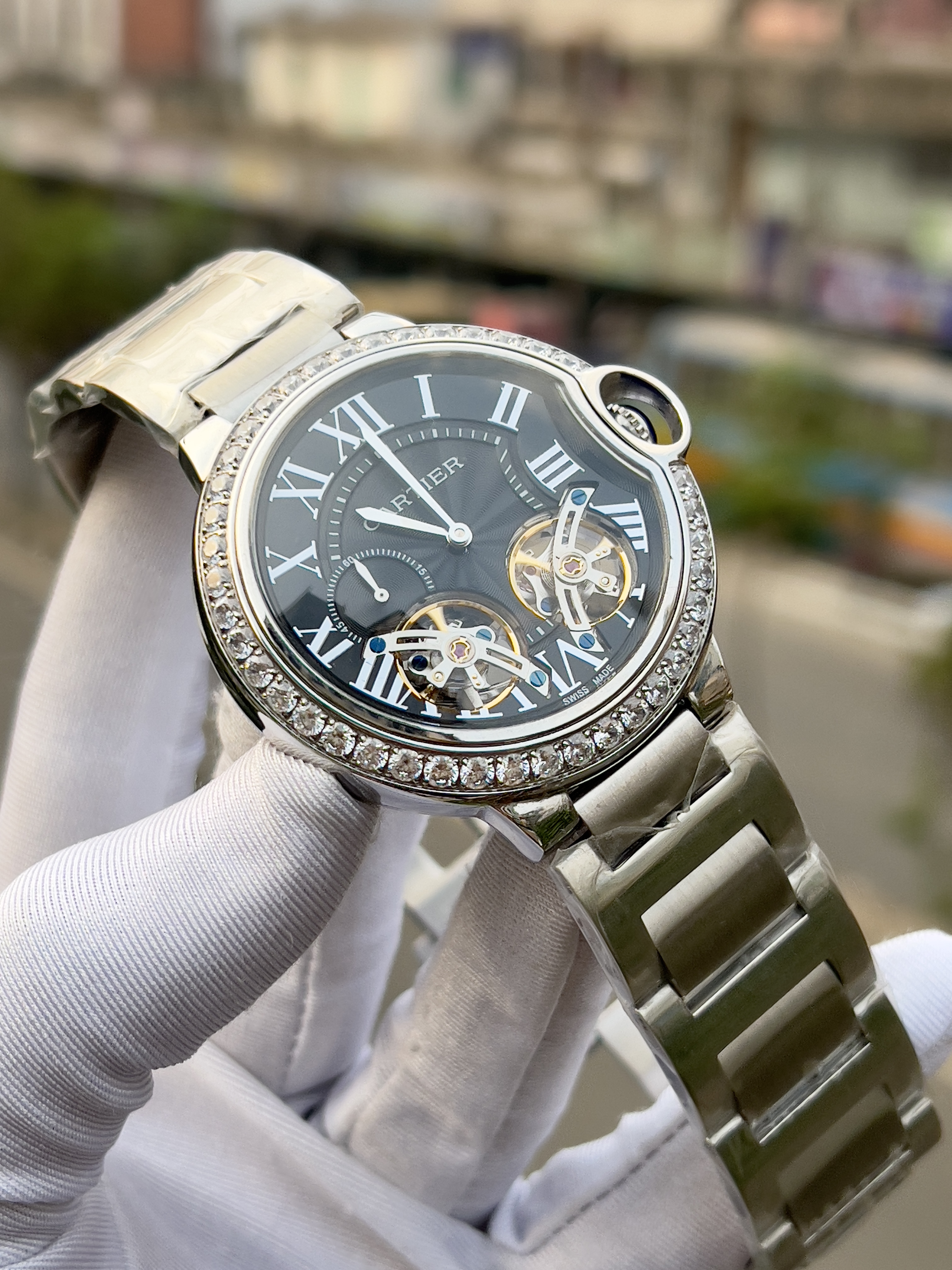 Cartier-Inspired Double Tourbillon – Open Heart Dial with Diamond Bezel