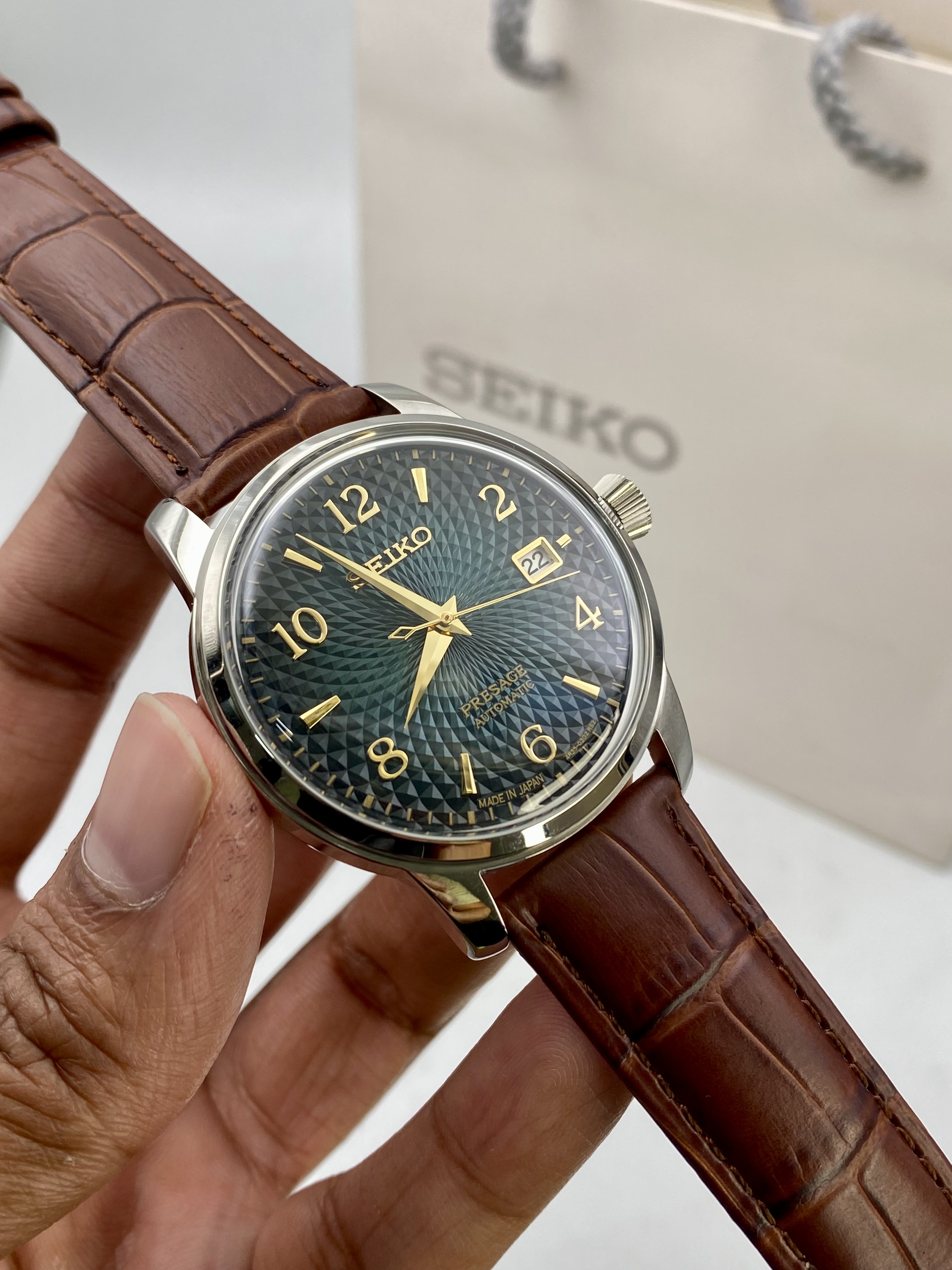 Seiko Presage Automatic — 1:1 Grade (Green Dial, Genuine Brown Leather Belt)