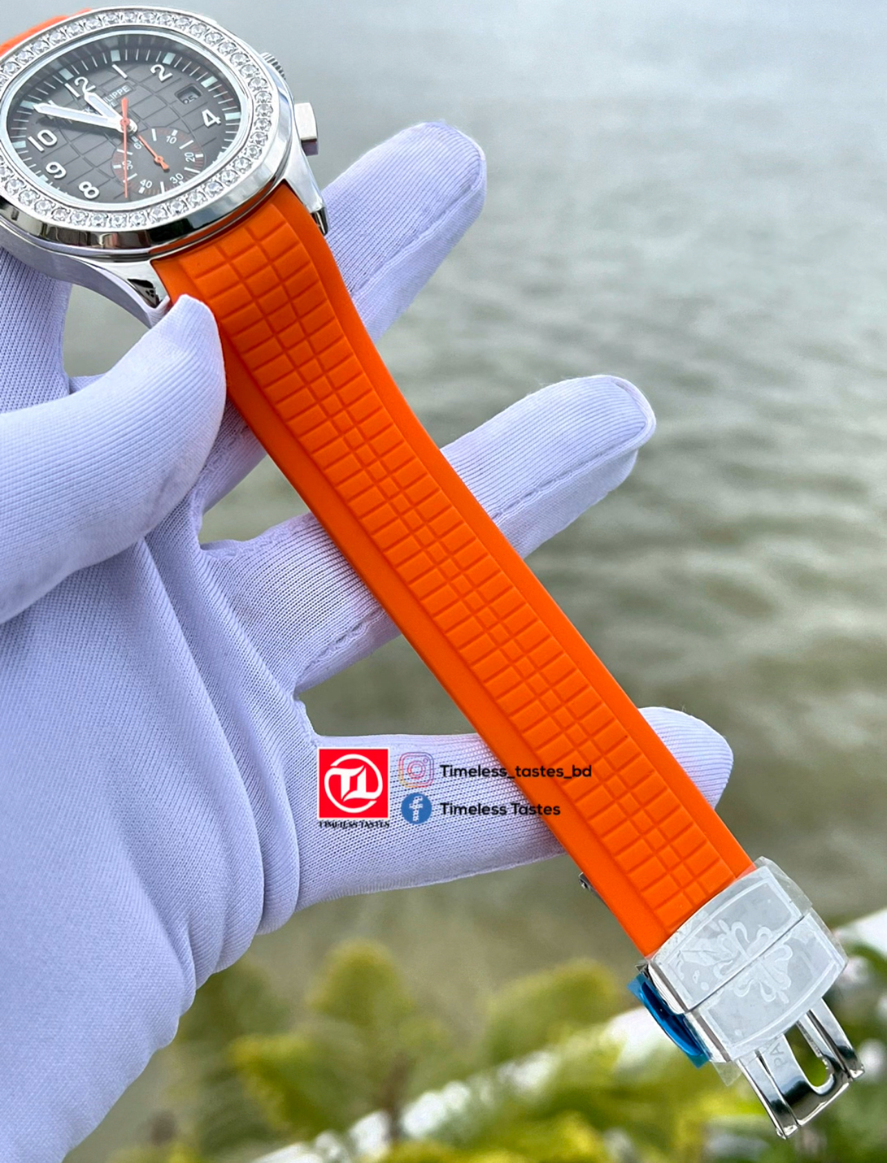 Patek Philippe Aquanaut Chronograph 5968A – Custom Stone Bezel (Orange Belt Edition) - Image 3