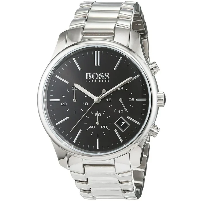 Authentic Hugo Boss 1513433 Silver Tone Black Chrono Dial Men’s Classic Dress Watch