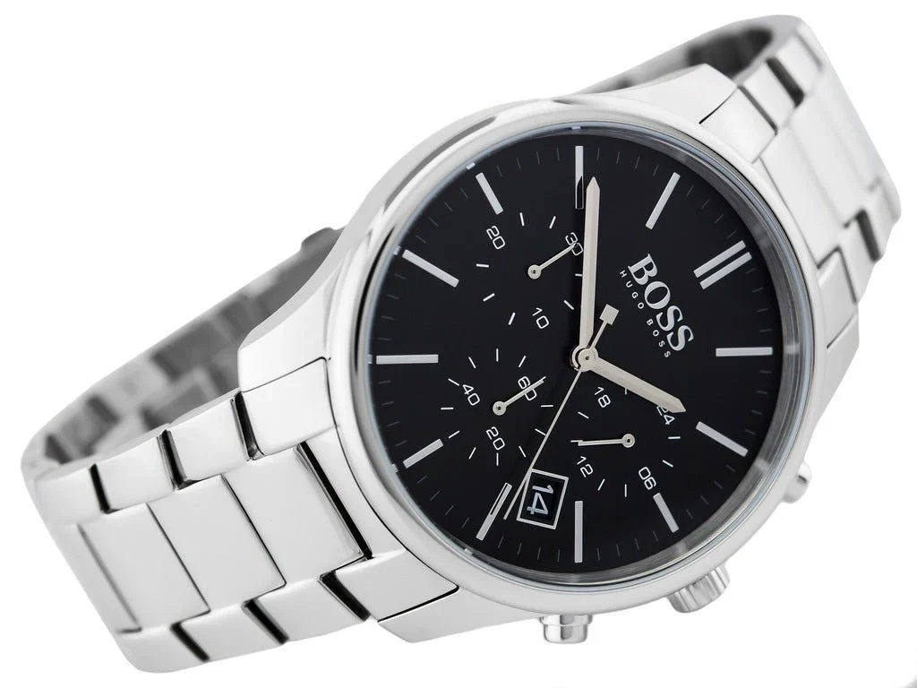 Authentic Hugo Boss 1513433 Silver Tone Black Chrono Dial Men’s Classic Dress Watch - Image 2