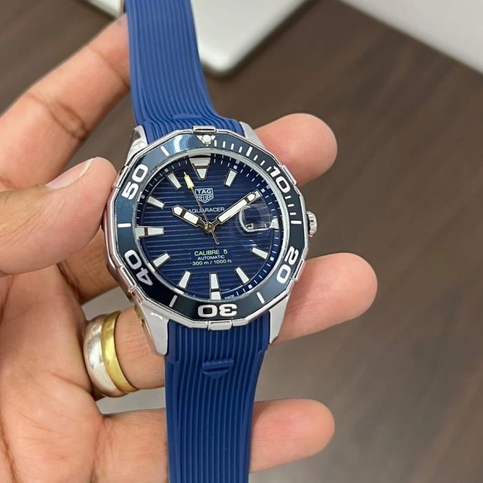 TAG Heuer Round 43mm Blue Dial Stainless Steel Men’s Automatic Watch with Blue Silicone Strap (Euro Grade)