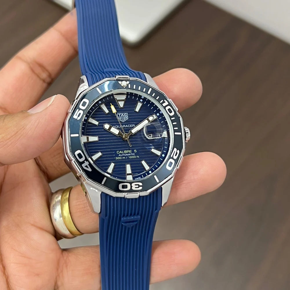 TAG Heuer Round 43mm Blue Dial Stainless Steel Men’s Automatic Watch with Blue Silicone Strap (Euro Grade)