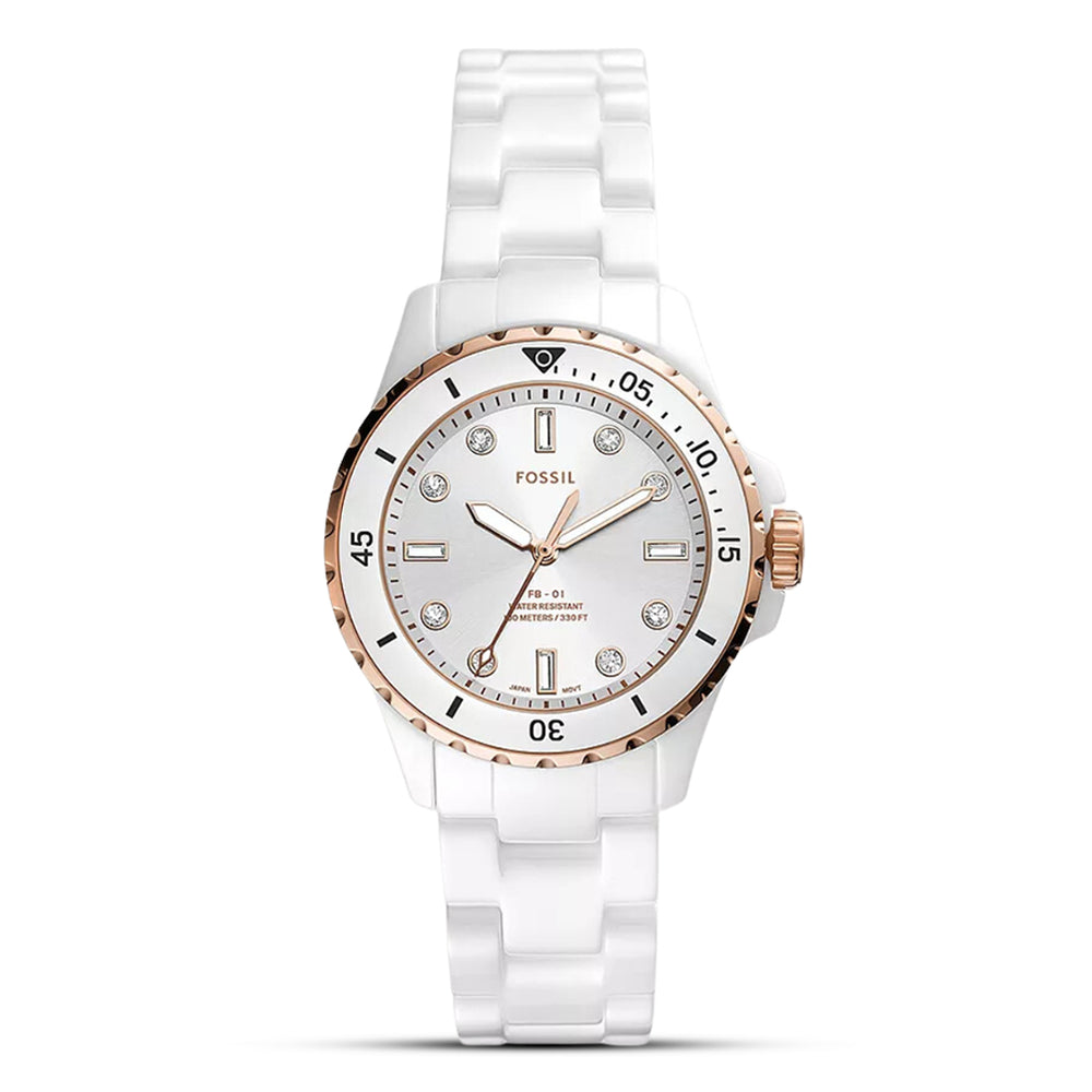 Fossil CE1107 Ladies Watch – White Ceramic Band | Rose Gold-Tone Accents