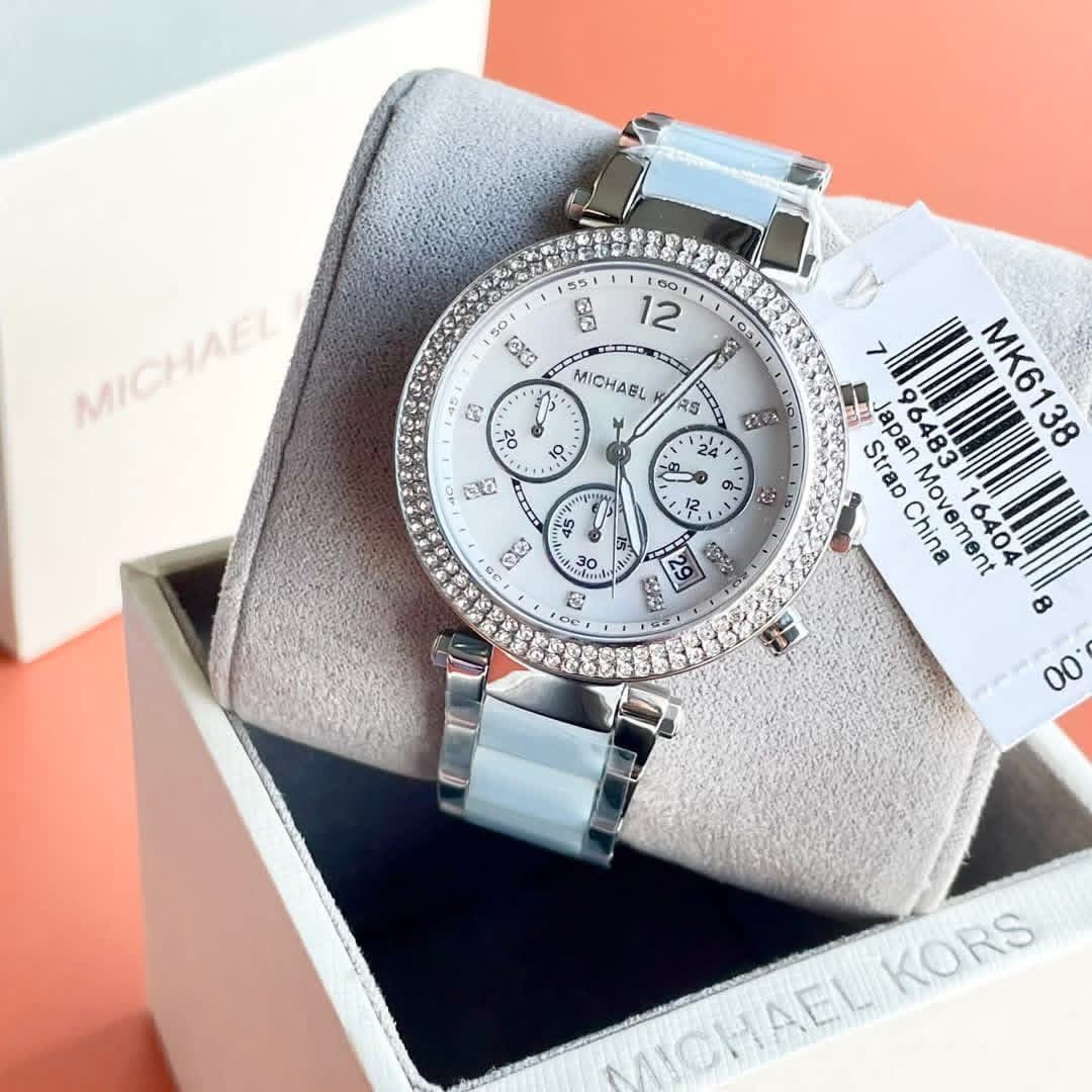 Michael Kors Parker MK6138 Authentic Ladies Chronograph Watch – Silver & Blue Band, Mother of Pearl Dial, Crystal Bezel - Image 5