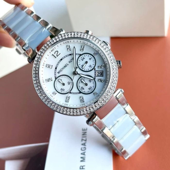 Michael Kors Parker MK6138 Authentic Ladies Chronograph Watch – Silver & Blue Band, Mother of Pearl Dial, Crystal Bezel