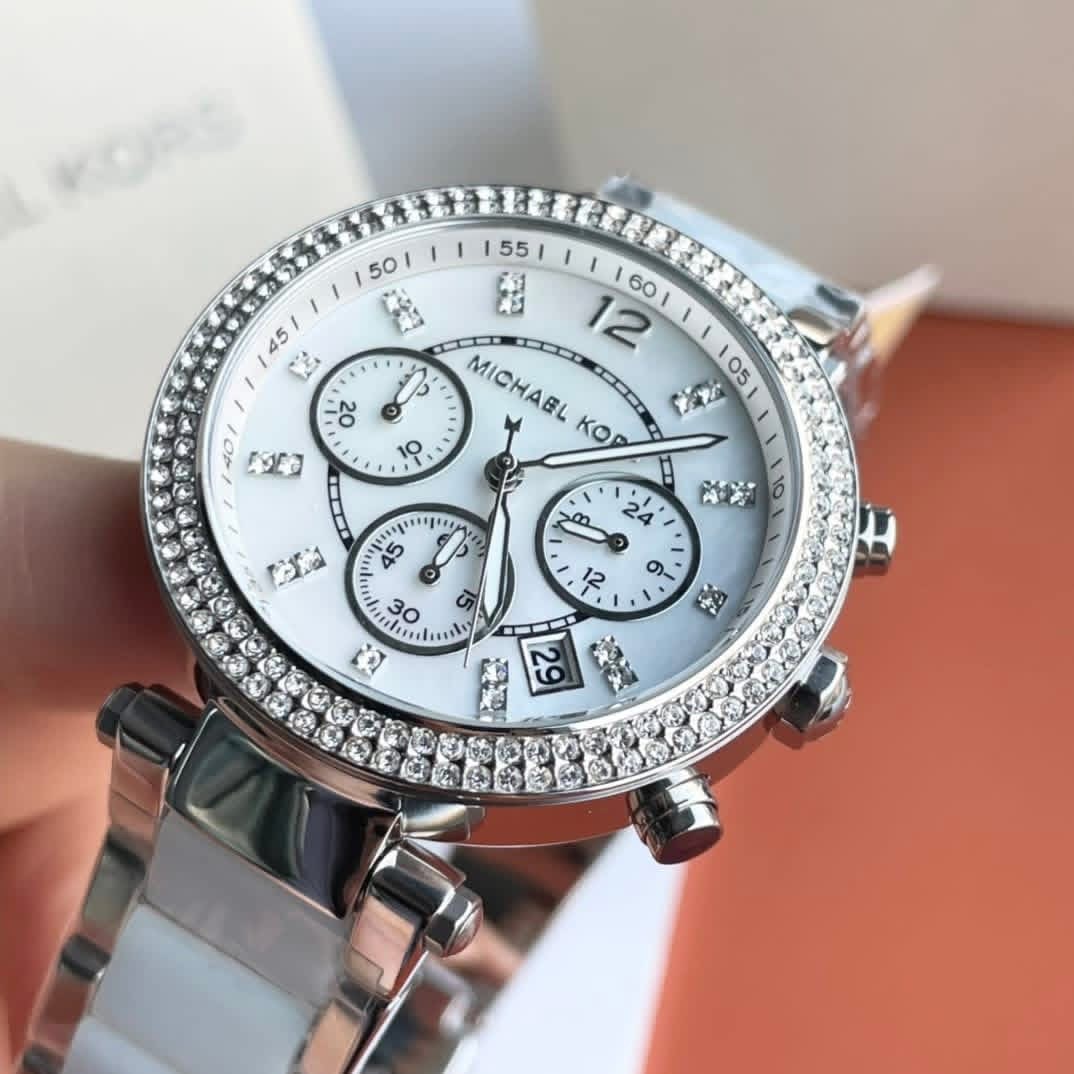 Michael Kors Parker MK6138 Authentic Ladies Chronograph Watch – Silver & Blue Band, Mother of Pearl Dial, Crystal Bezel - Image 2