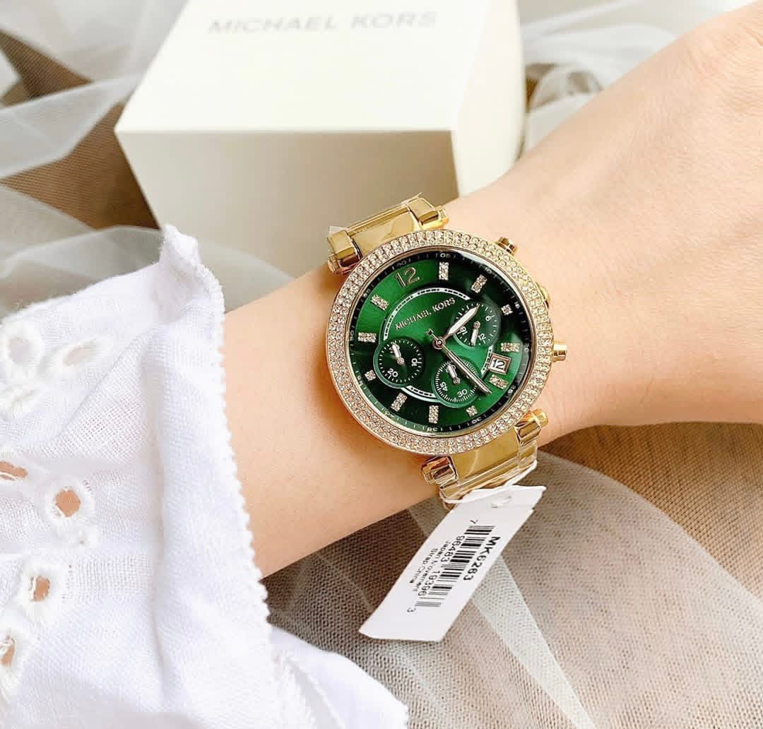 Michael Kors Parker MK6263 Authentic Ladies Chronograph Watch – Gold-Tone Bracelet, Green Dial & Crystals - Image 2