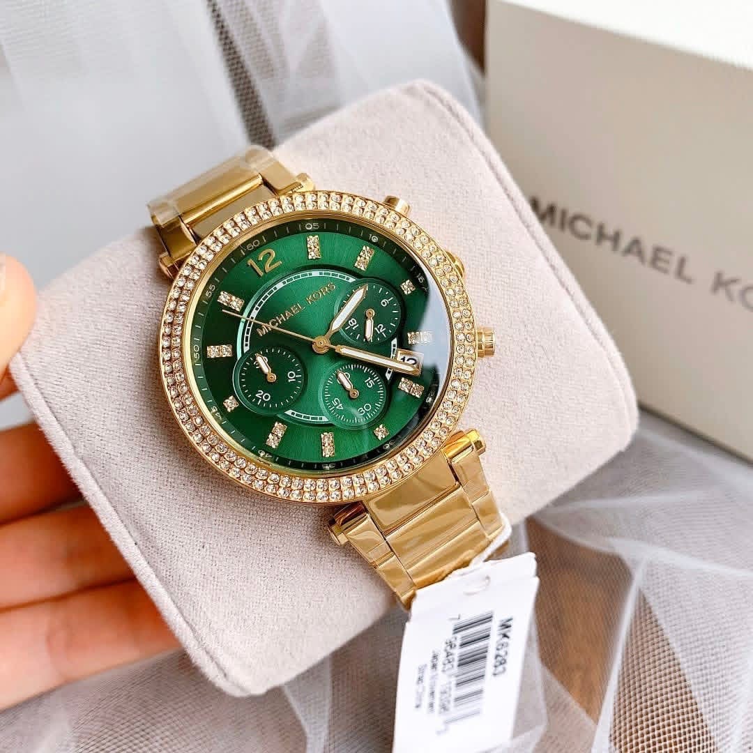 Michael Kors Parker MK6263 Authentic Ladies Chronograph Watch – Gold-Tone Bracelet, Green Dial & Crystals
