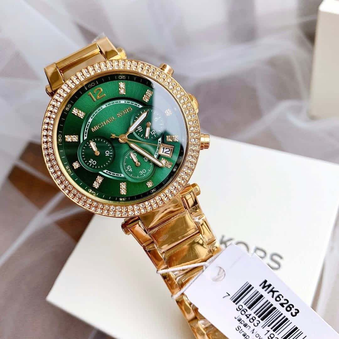 Michael Kors Parker MK6263 Authentic Ladies Chronograph Watch – Gold-Tone Bracelet, Green Dial & Crystals - Image 6
