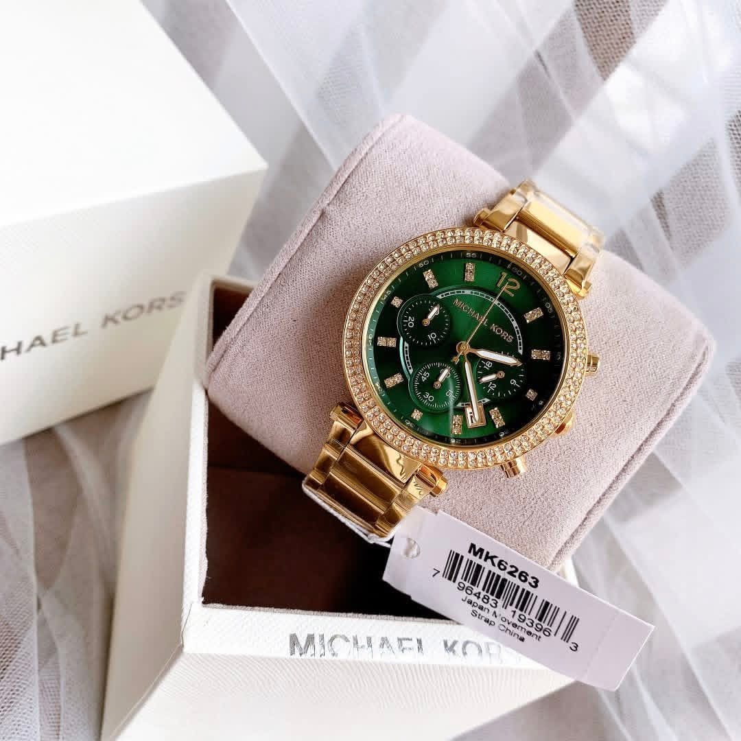 Michael Kors Parker MK6263 Authentic Ladies Chronograph Watch – Gold-Tone Bracelet, Green Dial & Crystals - Image 7