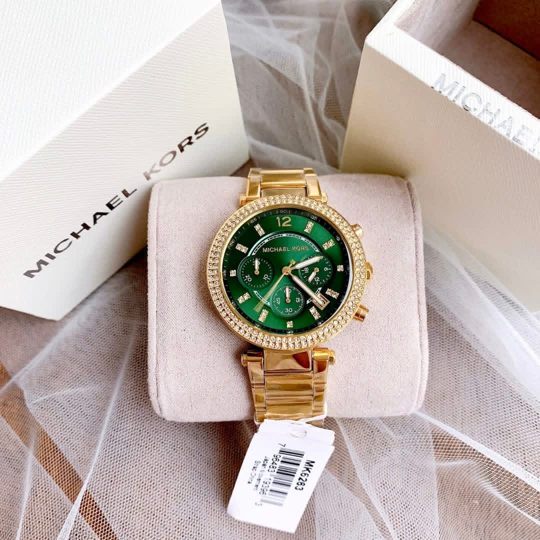 Michael Kors Parker MK6263 Authentic Ladies Chronograph Watch – Gold-Tone Bracelet, Green Dial & Crystals - Image 8