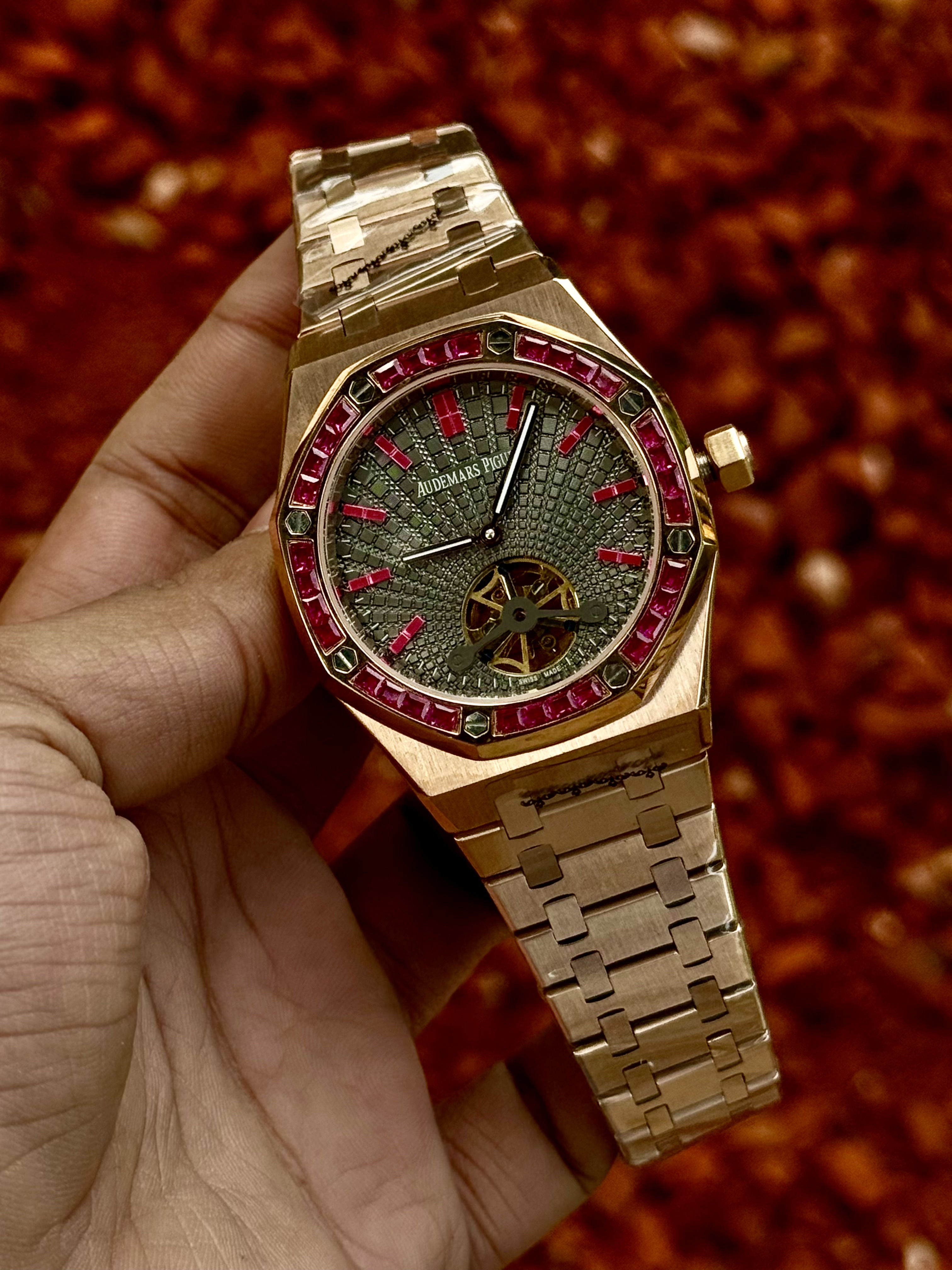 Audemars Piguet Royal Oak Tourbillon Rose Gold-Finished Master Grade Replica Watch with Imitation Ruby Bezel - Image 3