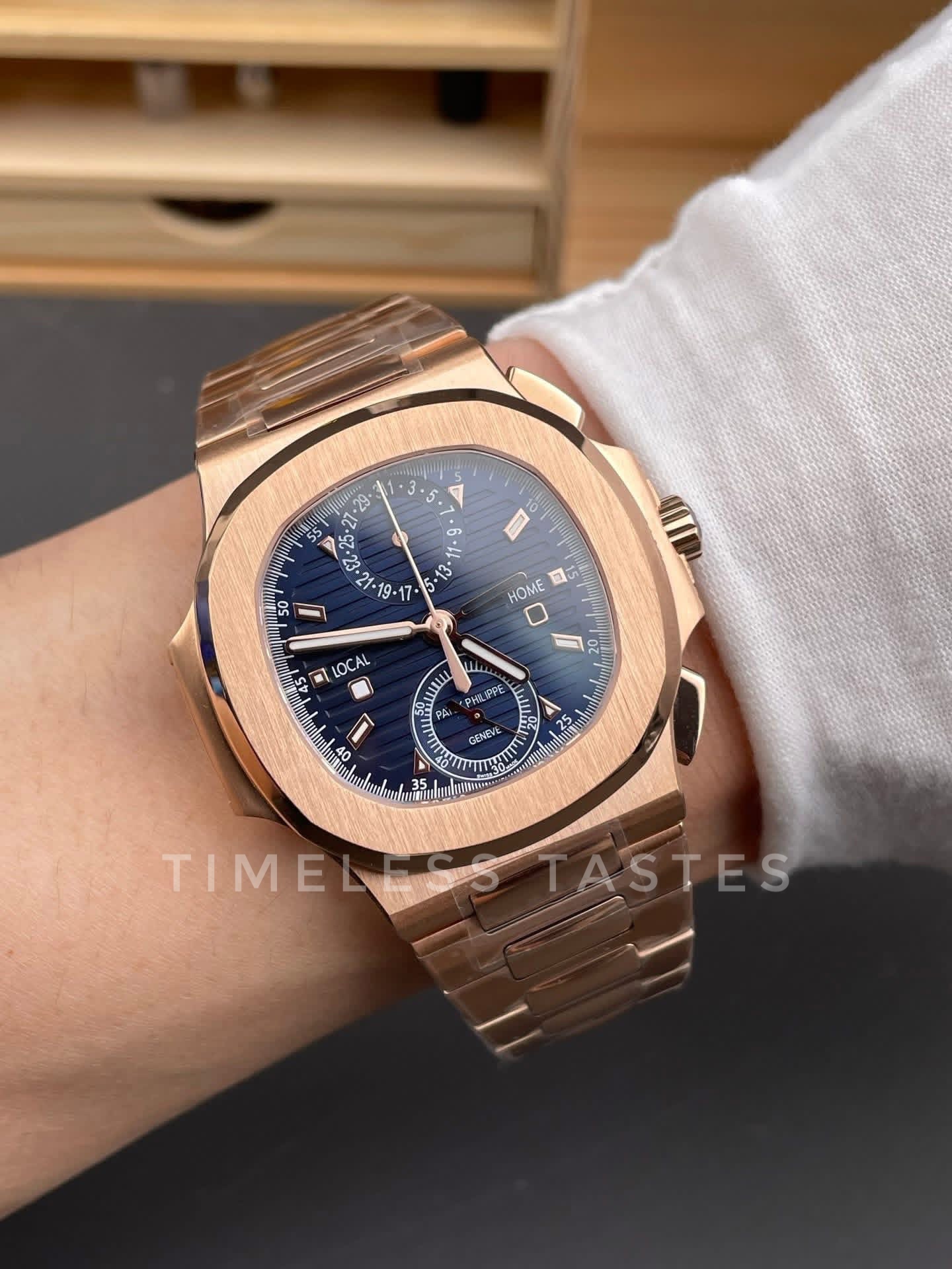Patek Philippe Nautilus Travel Time Chronograph Rose Gold Swiss 1:1 Grade Watch - Image 2