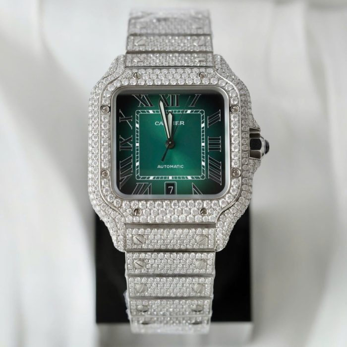 Cartier Santos Green Dial Custom Diamonds Moissanite Swiss 1:1 Grade Watch