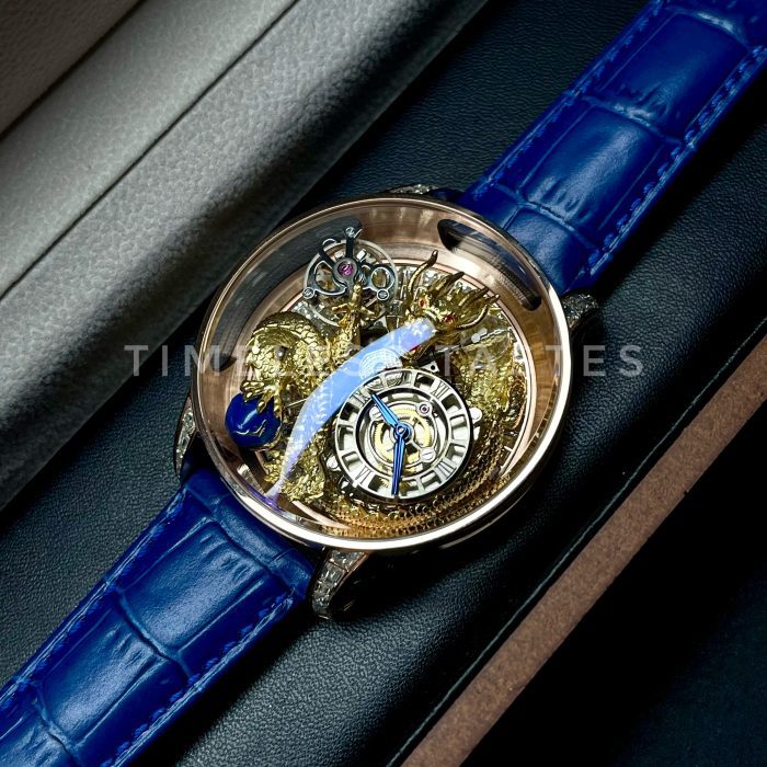 Jacob & Co. Astronomia Dragon Art Swiss 1:1 Grade Watch with Rose Gold Case and Blue Leather Strap