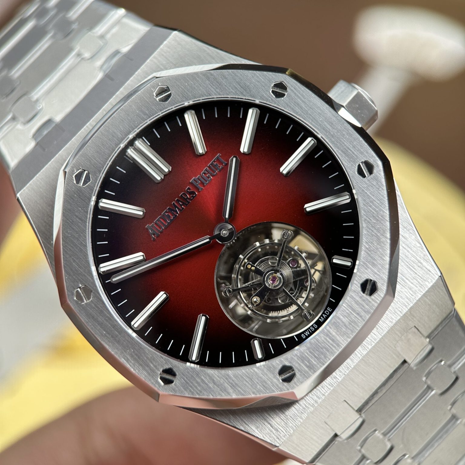 Audemars Piguet Imitation Watches Royal Oak Selfwinding Flying Tourbillon 26730ST Burgundy Dial 41mm Swiss 1:1 Grade Watch - Image 4