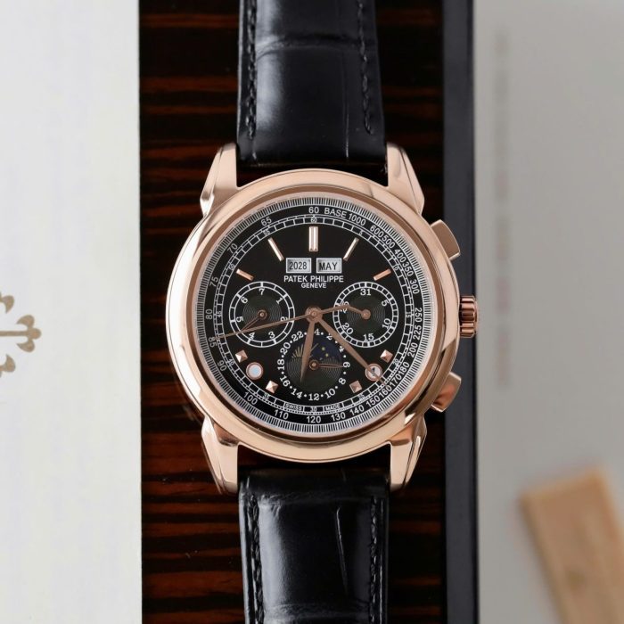 Patek Philippe Perpetual Calendar 5270 Black Dial Black Leather Strap 41mm Swiss 1:1 Grade Automatic Watch with Rose Gold Case