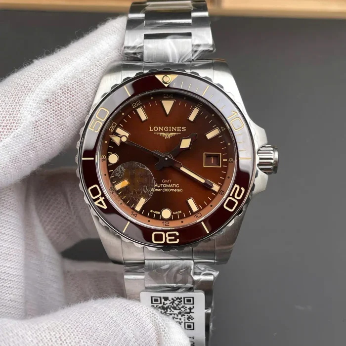 Longines HydroConquest Brown Dial 41mm Swiss 1:1 Grade Automatic GMT Watch with Transparent Back