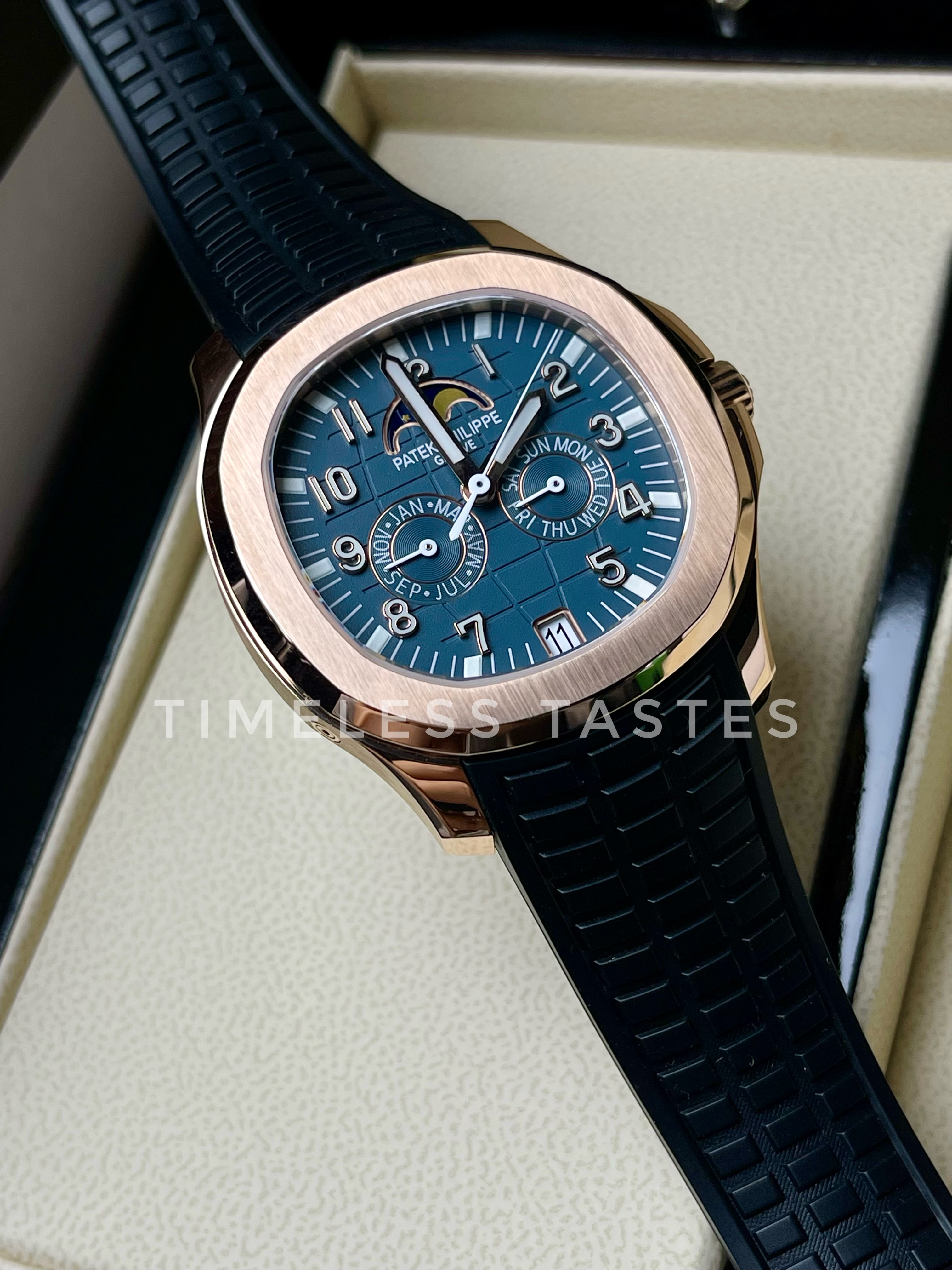 Patek Philippe Aquanaut 5261R-001 Blue-Gray Dial Rose Gold Watch (Custom Black Strap)