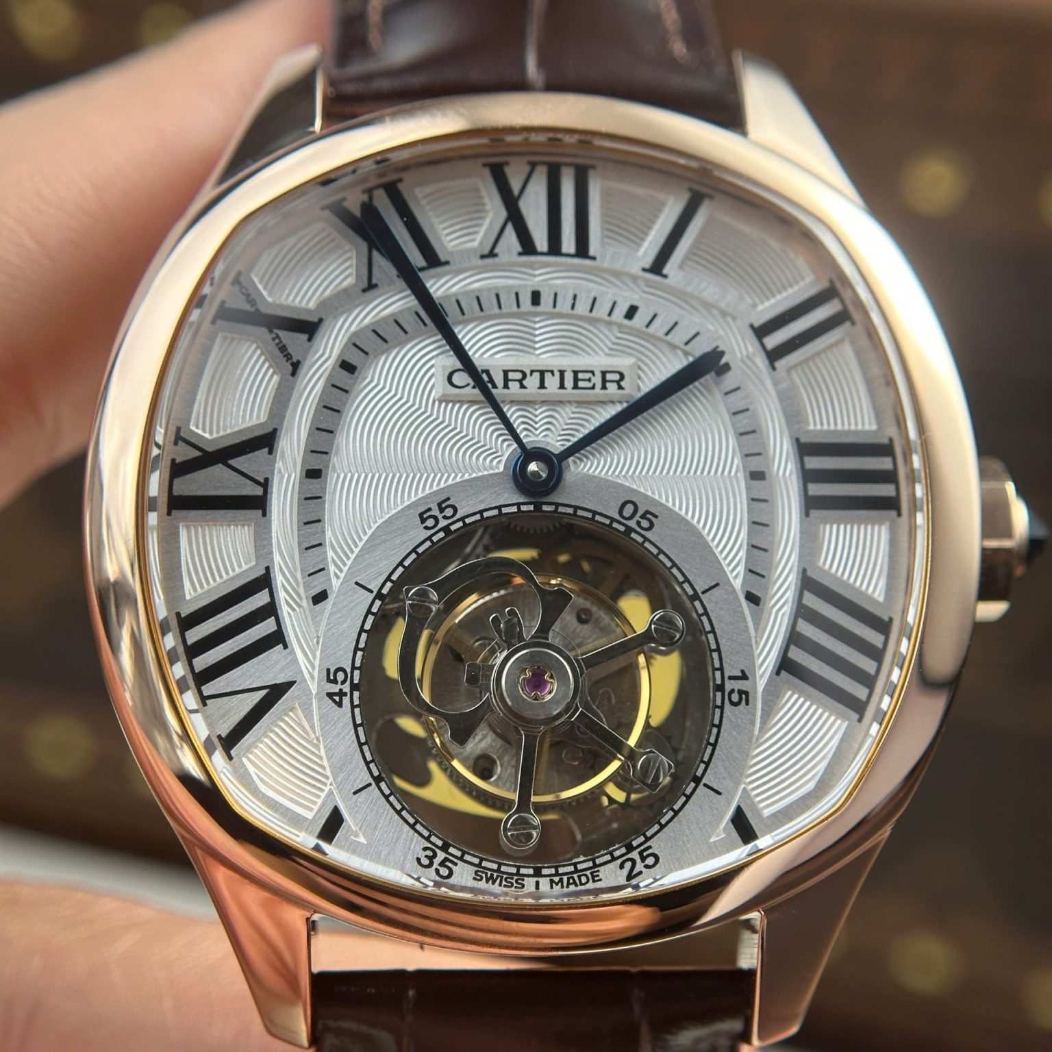 Cartier Drive Tourbillon Swiss 1:1 Grade Watch Guiloche Dial Leather Strap 41mm - Image 4