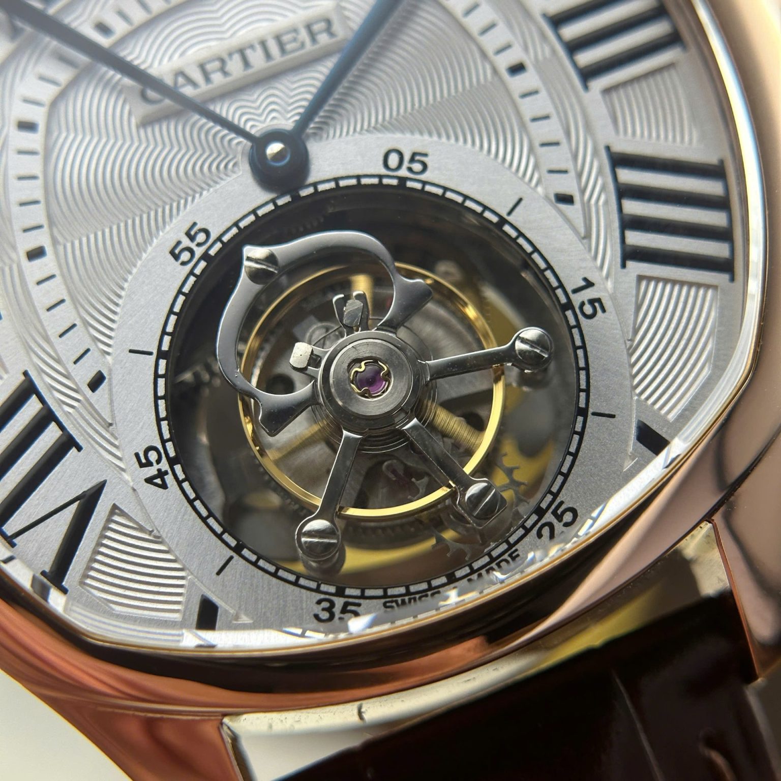 Cartier Drive Tourbillon Swiss 1:1 Grade Watch Guiloche Dial Leather Strap 41mm - Image 6