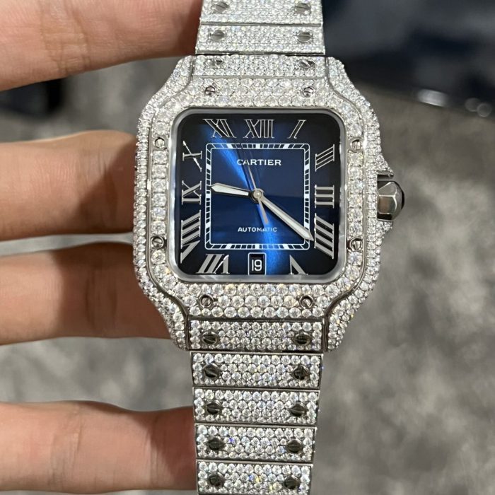 Cartier Santos Swiss 1:1 Grade Watch Custom Moissanite Diamonds Blue Dial Automatic 39.8mm