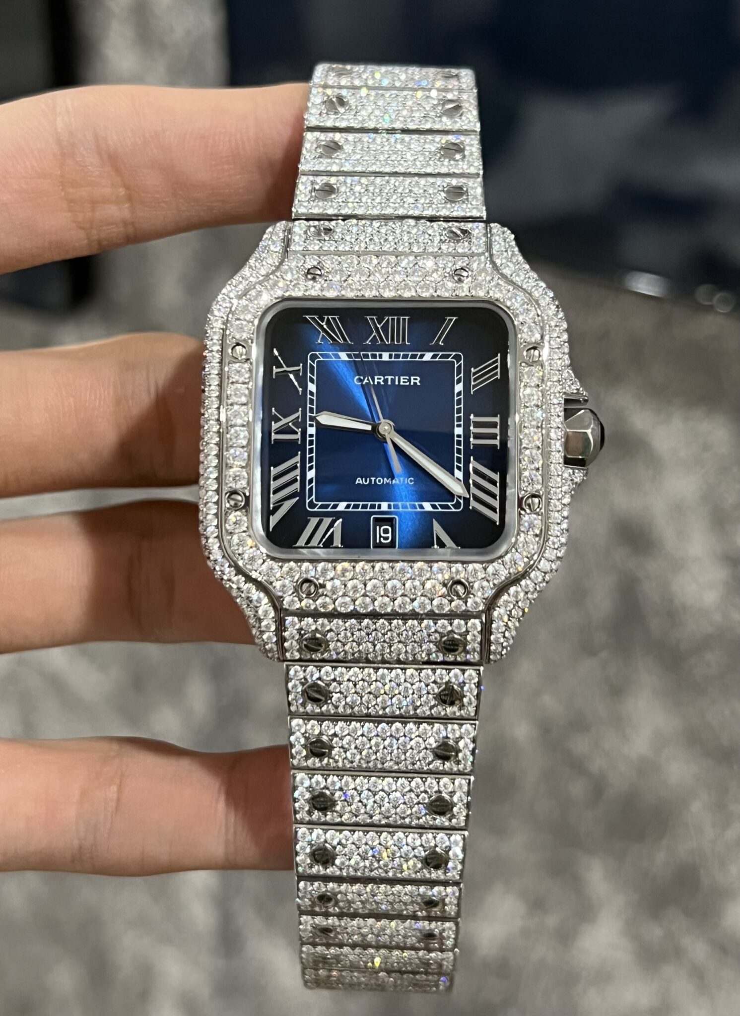 Cartier Santos Swiss 1:1 Grade Watch Custom Moissanite Diamonds Blue Dial Automatic 39.8mm