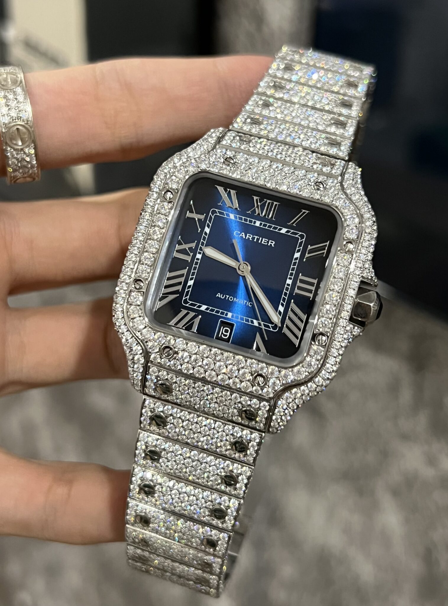 Cartier Santos Swiss 1:1 Grade Watch Custom Moissanite Diamonds Blue Dial Automatic 39.8mm - Image 3