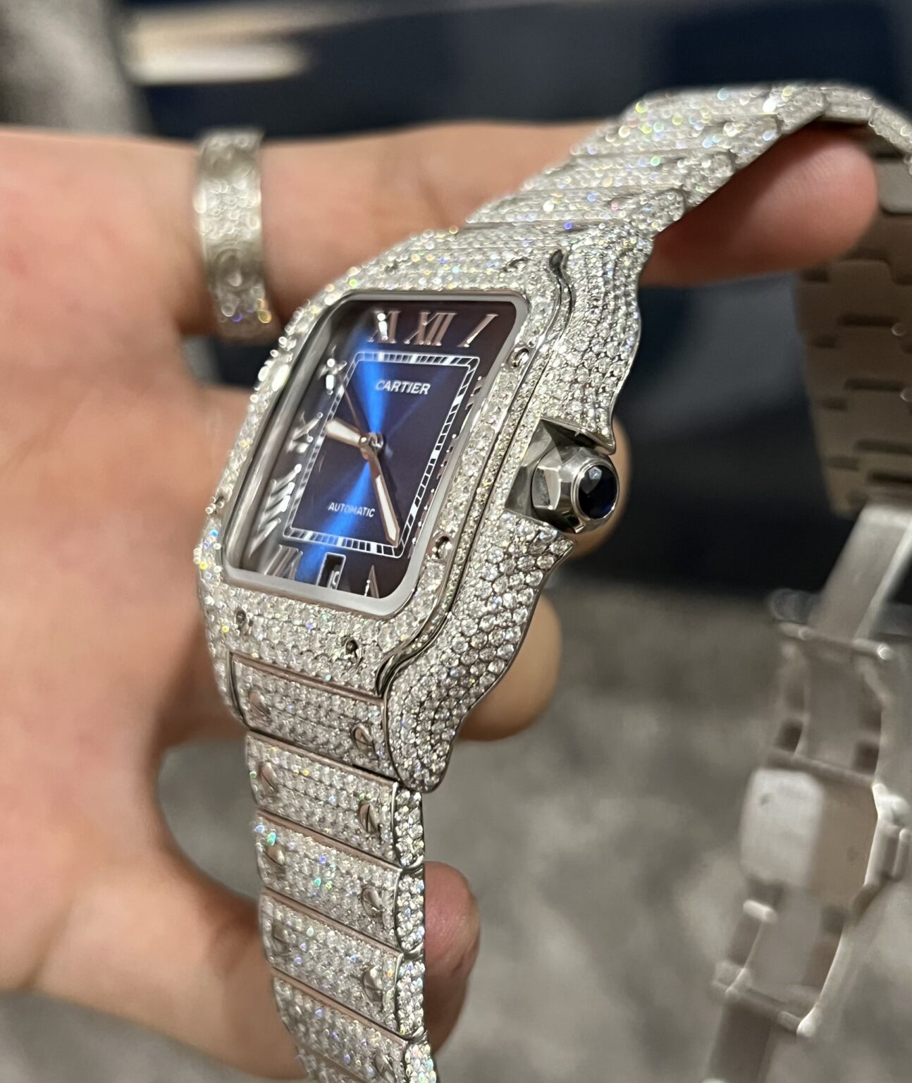 Cartier Santos Swiss 1:1 Grade Watch Custom Moissanite Diamonds Blue Dial Automatic 39.8mm - Image 4