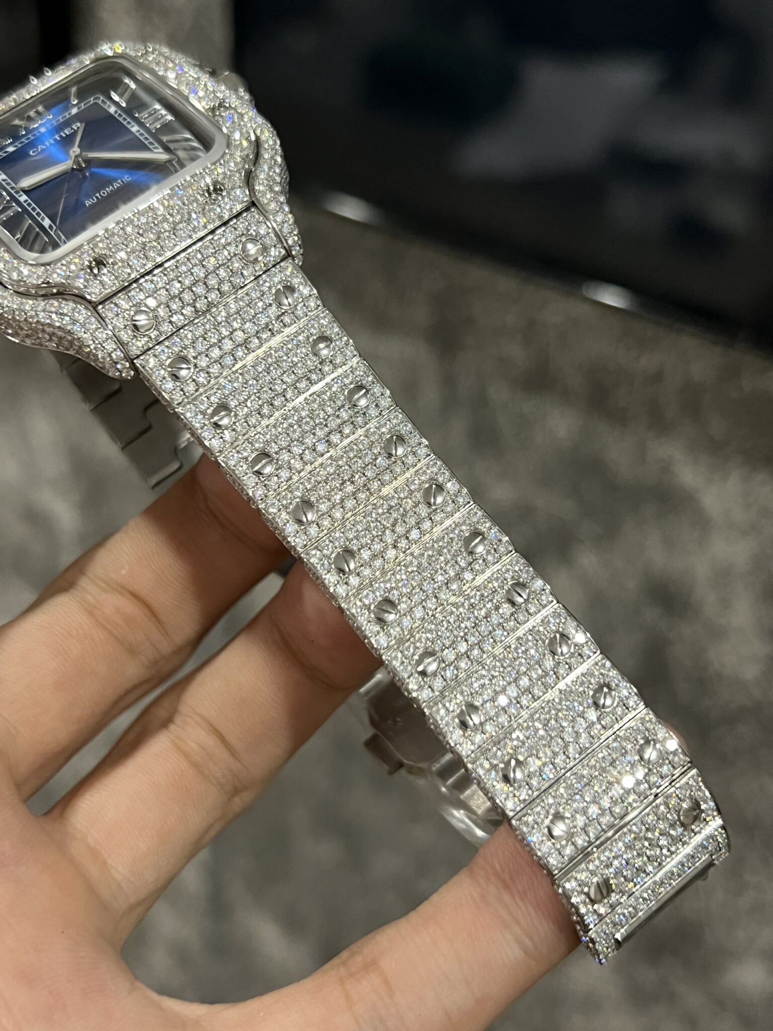 Cartier Santos Swiss 1:1 Grade Watch Custom Moissanite Diamonds Blue Dial Automatic 39.8mm - Image 6