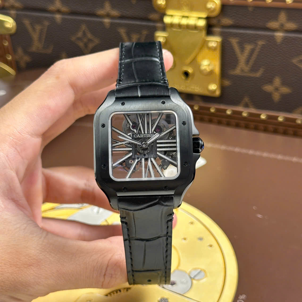 Cartier Santos Swiss 1:1 Grade Knock Off Watch Skeleton Dial Leather Strap Black 39.8mm