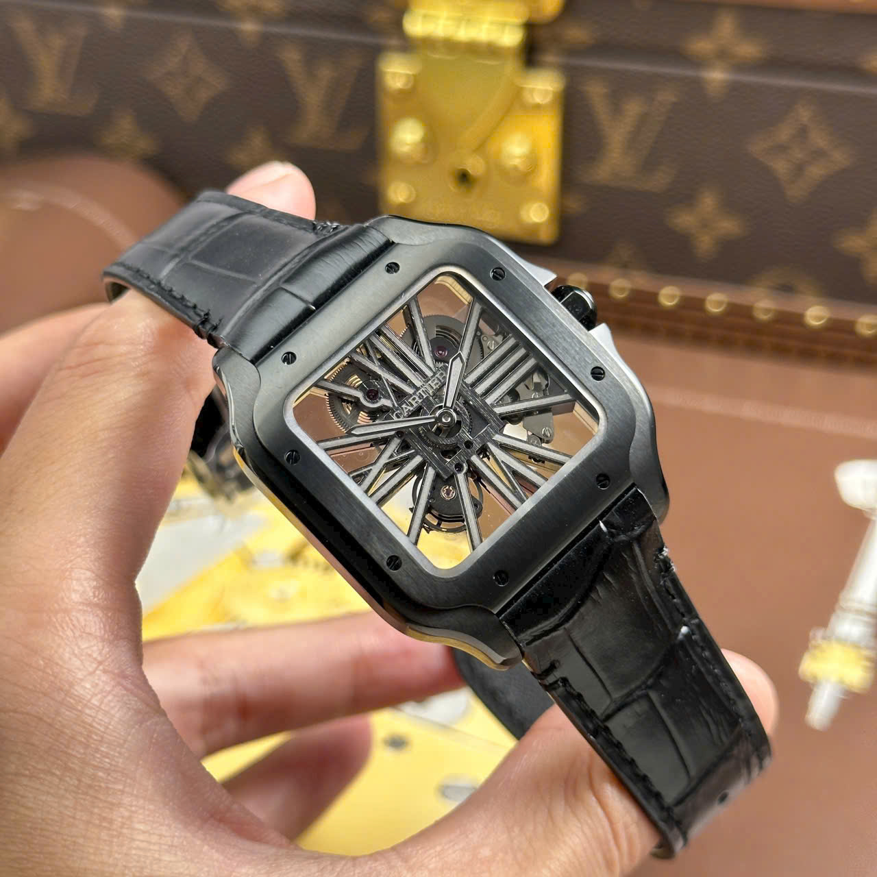 Cartier Santos Swiss 1:1 Grade Knock Off Watch Skeleton Dial Leather Strap Black 39.8mm - Image 2