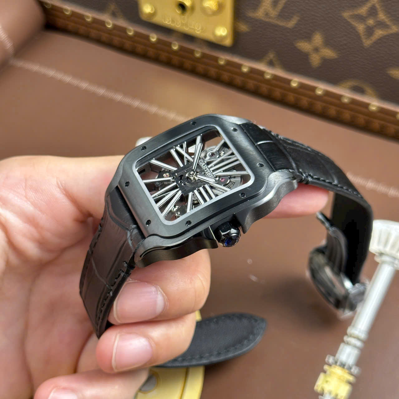 Cartier Santos Swiss 1:1 Grade Knock Off Watch Skeleton Dial Leather Strap Black 39.8mm - Image 3