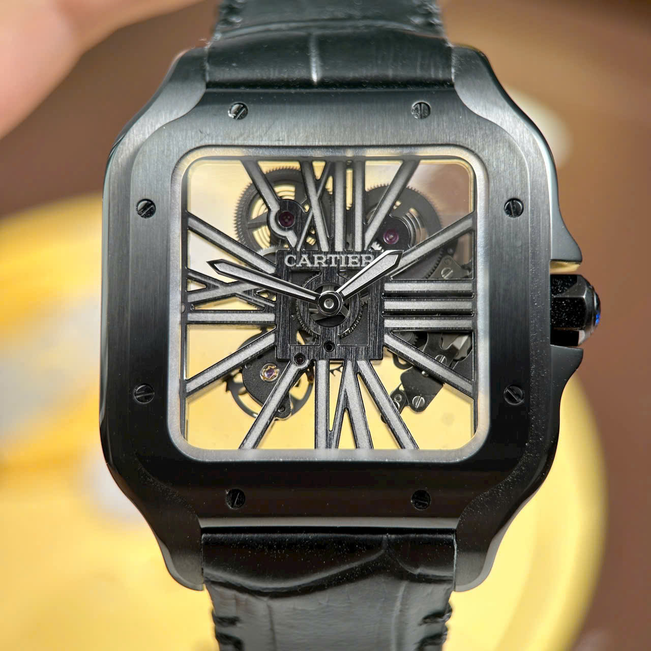 Cartier Santos Swiss 1:1 Grade Knock Off Watch Skeleton Dial Leather Strap Black 39.8mm - Image 4