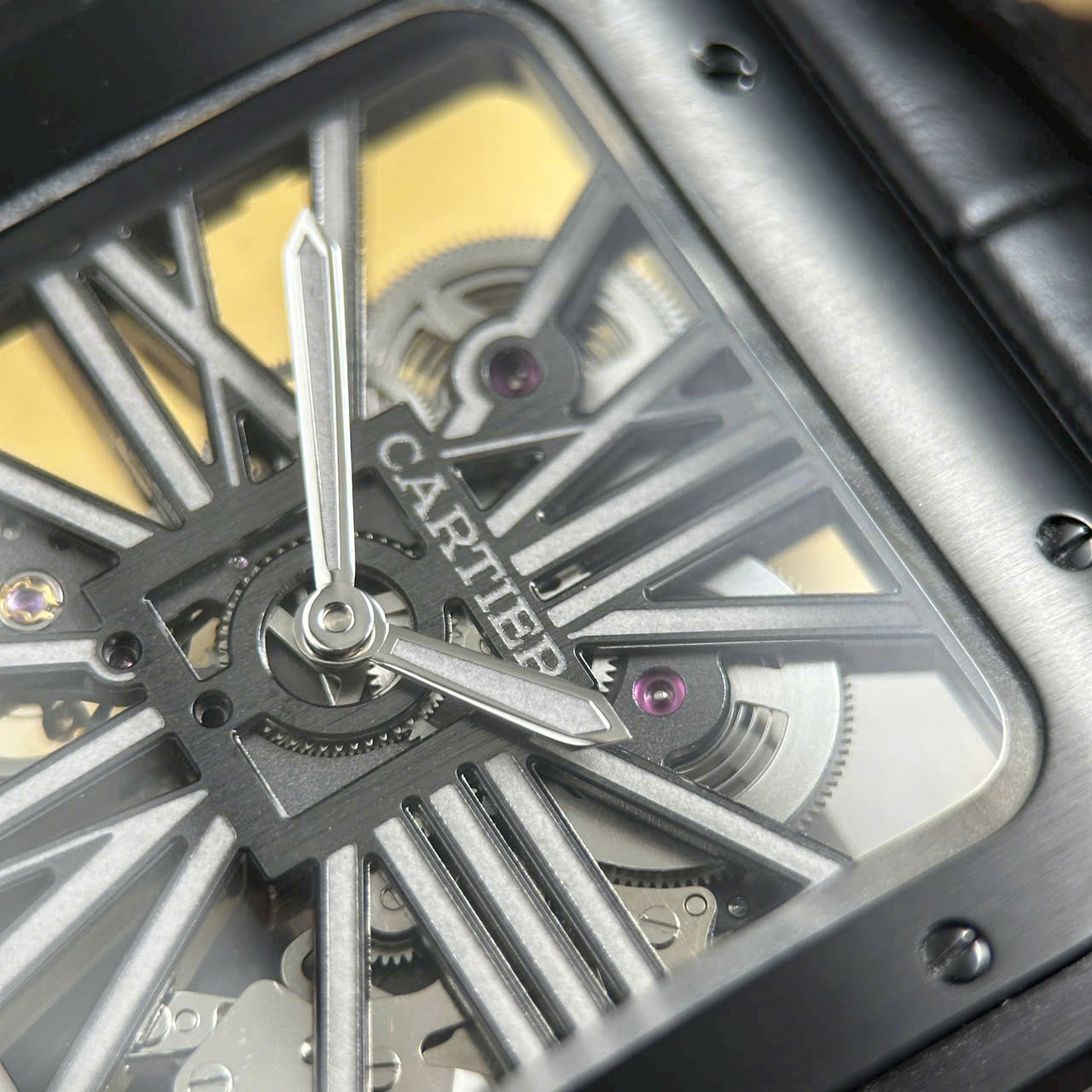 Cartier Santos Swiss 1:1 Grade Knock Off Watch Skeleton Dial Leather Strap Black 39.8mm - Image 5