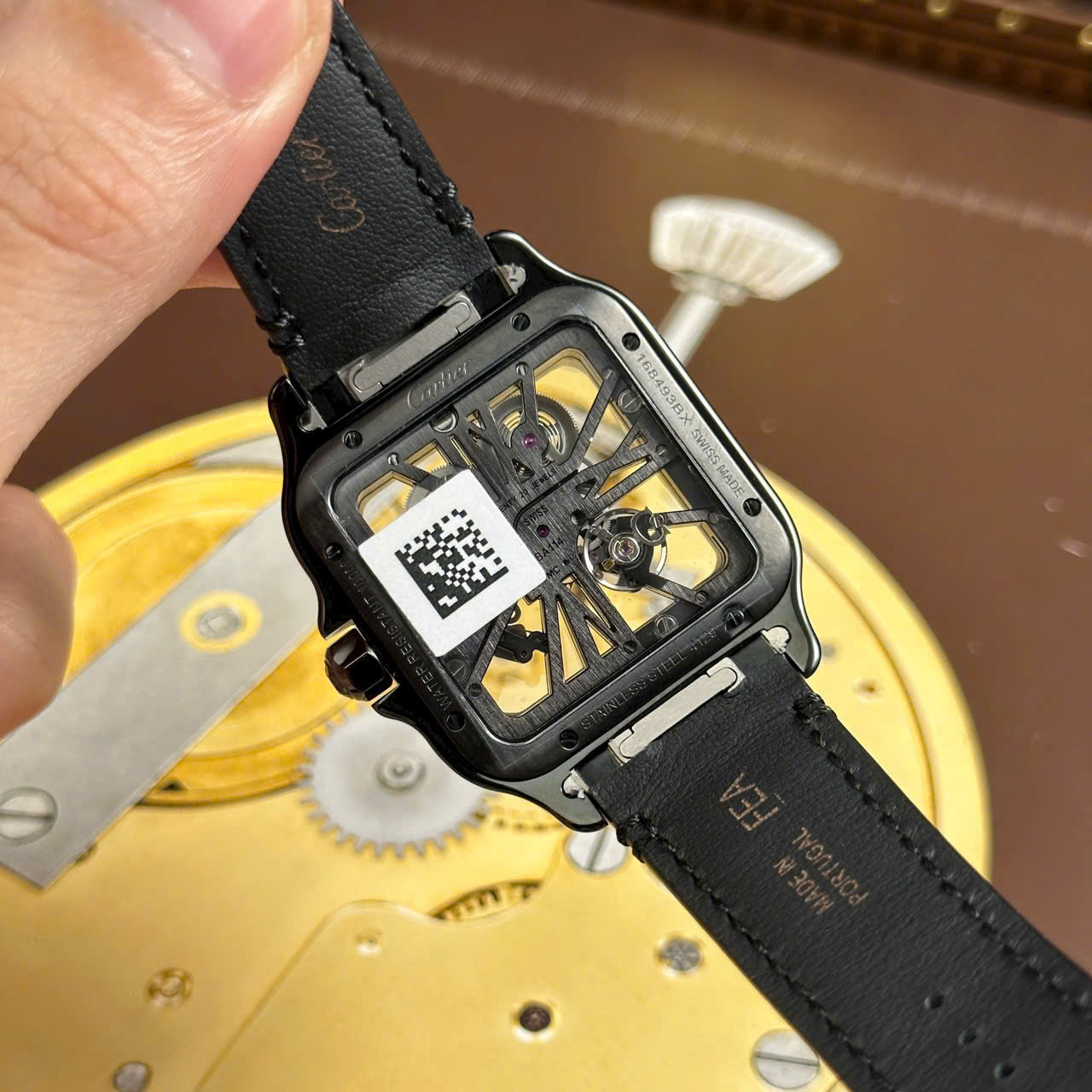 Cartier Santos Swiss 1:1 Grade Knock Off Watch Skeleton Dial Leather Strap Black 39.8mm - Image 8