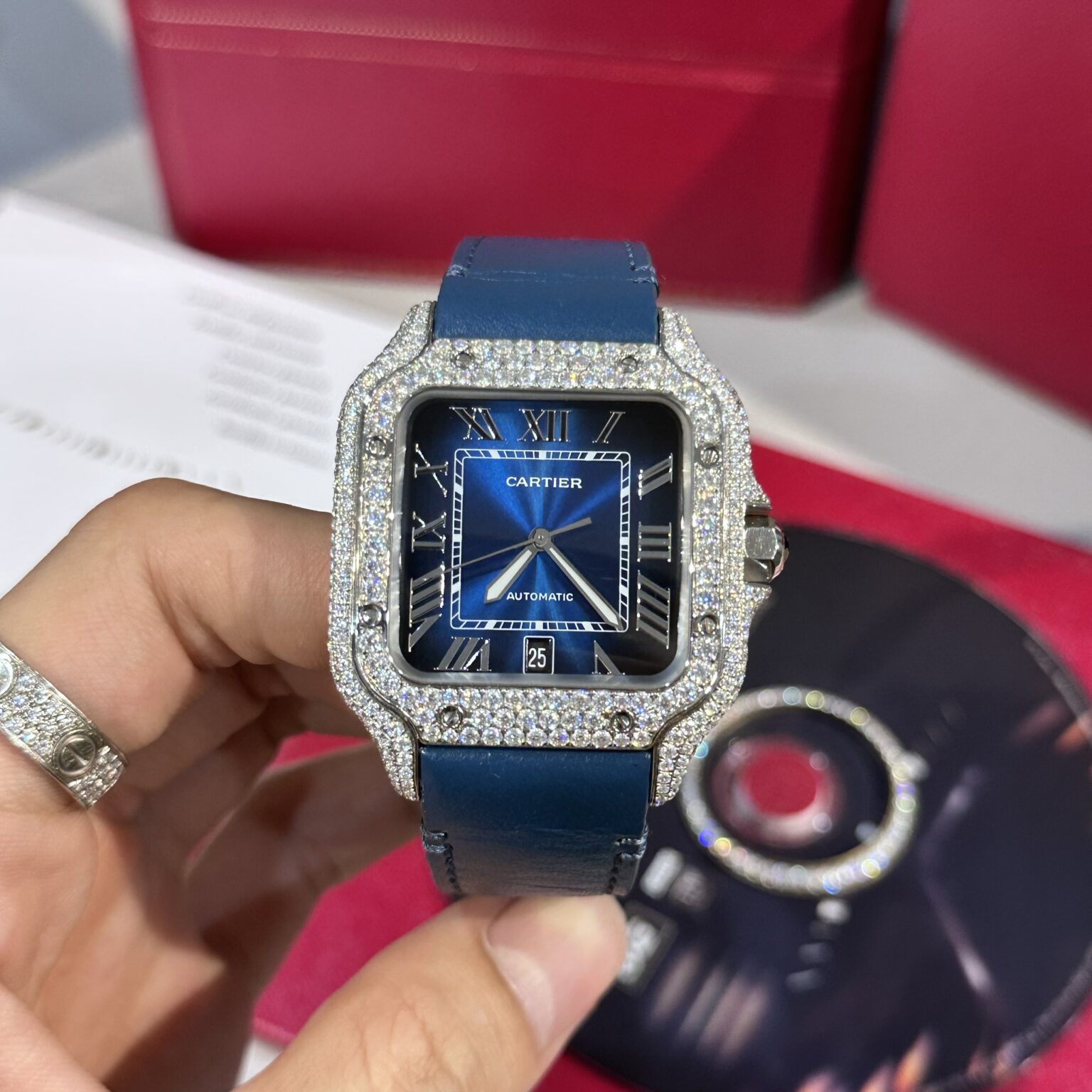 Cartier Santos Swiss 1:1 Grade Replica Watch Blue Dial Custom Moissanite Diamonds 39.8mm