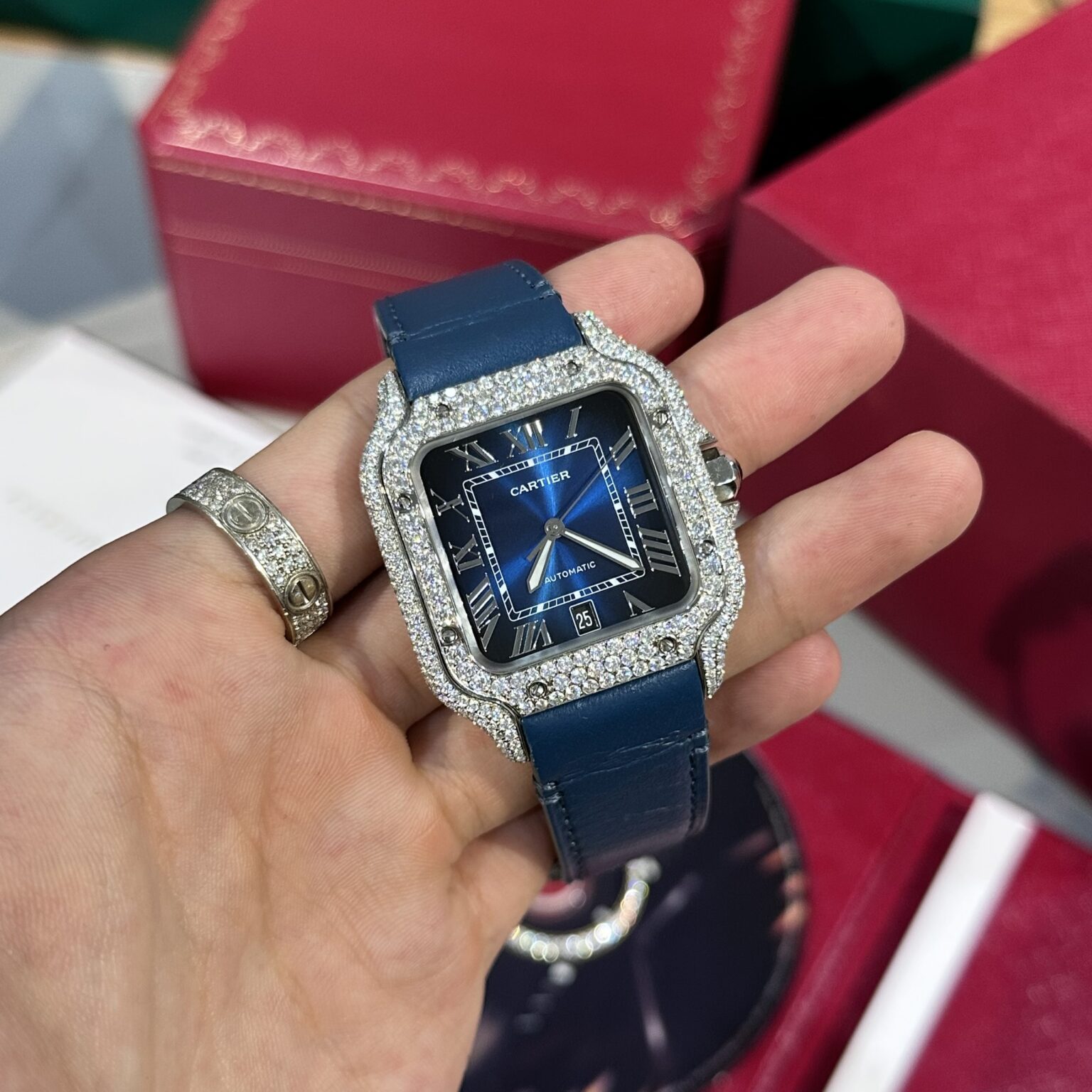 Cartier Santos Swiss 1:1 Grade Replica Watch Blue Dial Custom Moissanite Diamonds 39.8mm - Image 2