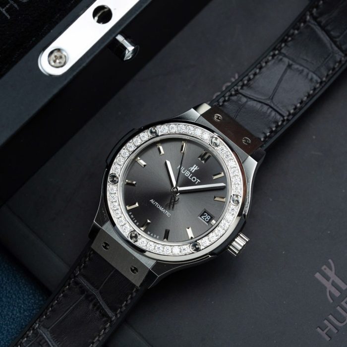 Hublot Classic Fusion Swiss 1:1 Grade Replica Watch Gray Dial Bezel Diamonds Moissanite 38mm