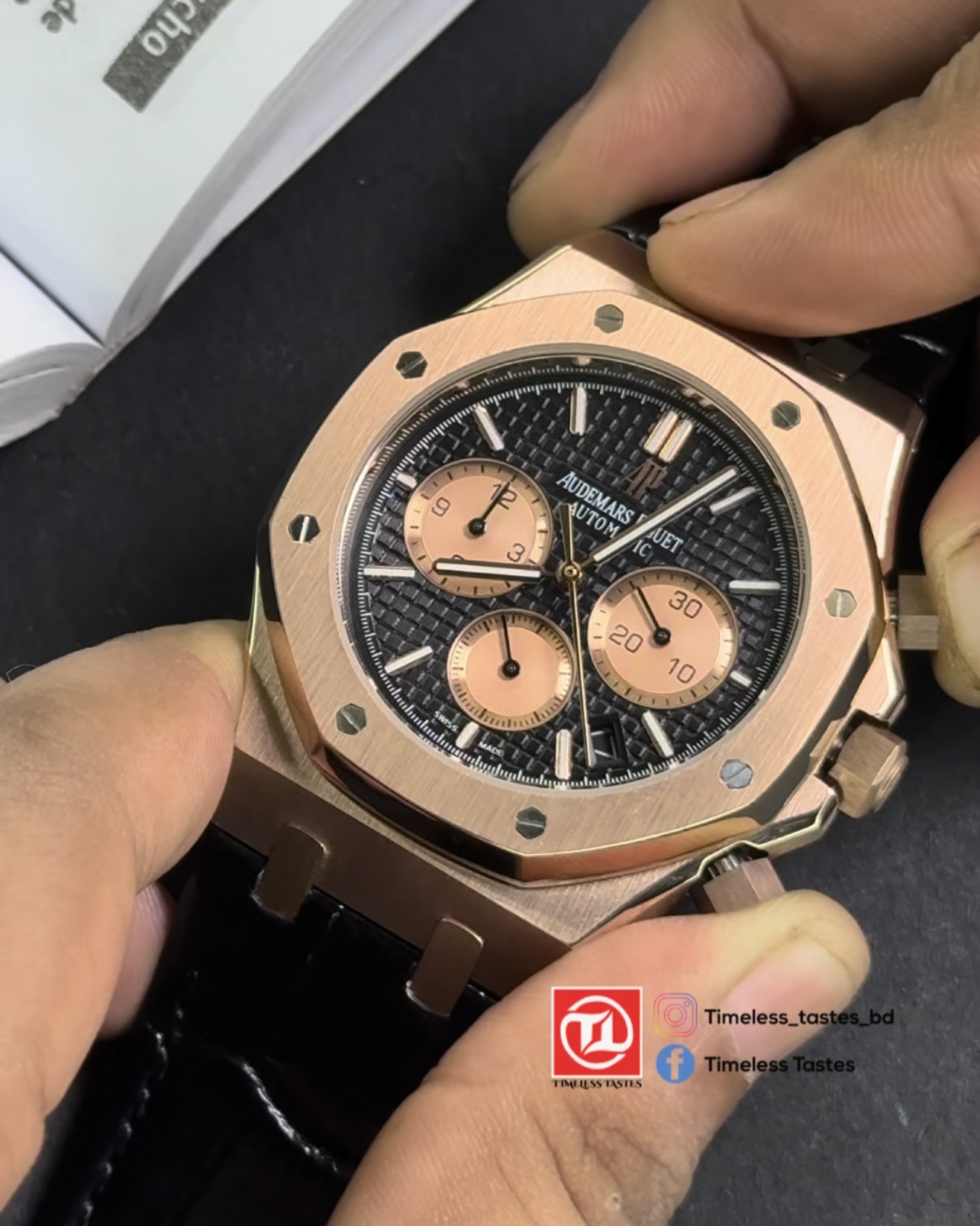 Audemars Piguet Royal Oak Chronograph Euro Grade – Rose Gold Case & Black Leather Strap - Image 2