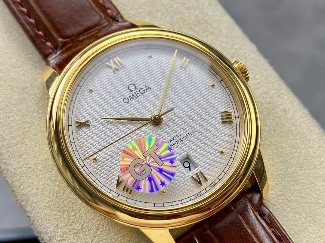 Omega De Ville Prestige Co-Axial Master Chronometer Swiss 1:1 Grade Luxury Replica Watch Gold Tone Case Brown Leather Strap