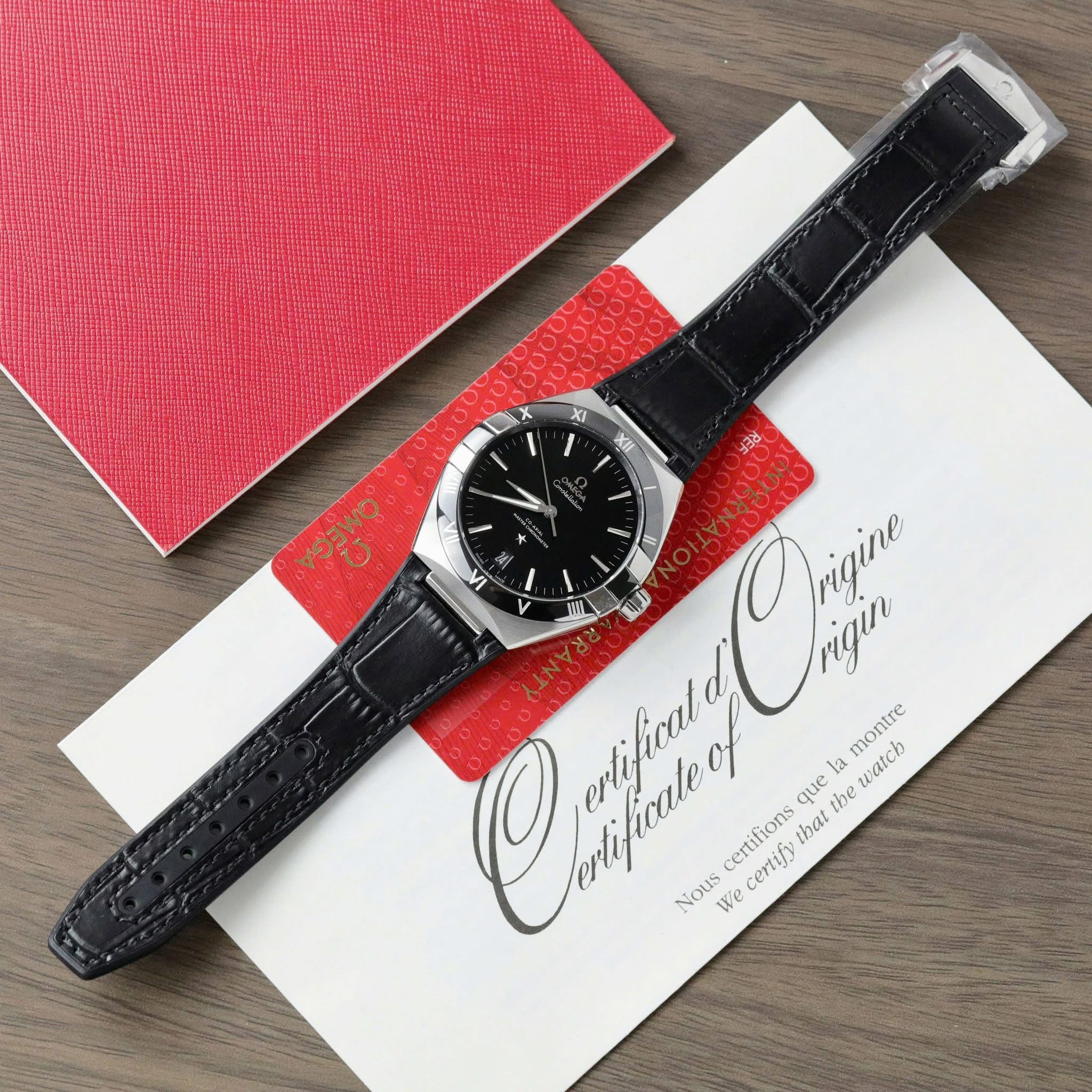 Omega Constellation Co-Axial Master Chronometer Swiss 1:1 Grade Luxury Replica Watch Black Dial Black Leather Strap