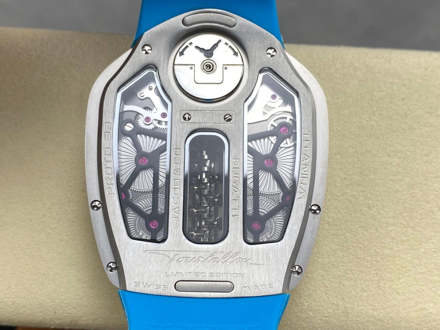 Jacob & Co. Bugatti Chiron Tourbillon – Manually Operated W16 Engine & Blue Rubber Strap | Swiss 1:1 Grade Luxury Replica Watch - Image 4