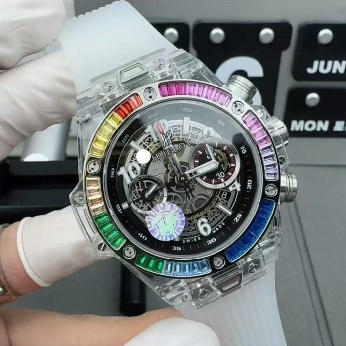 Hublot Big Bang Unico Sapphire Rainbow – Transparent Case & Rainbow Gemstone Bezel | Swiss 1:1 Grade Luxury Replica Watch
