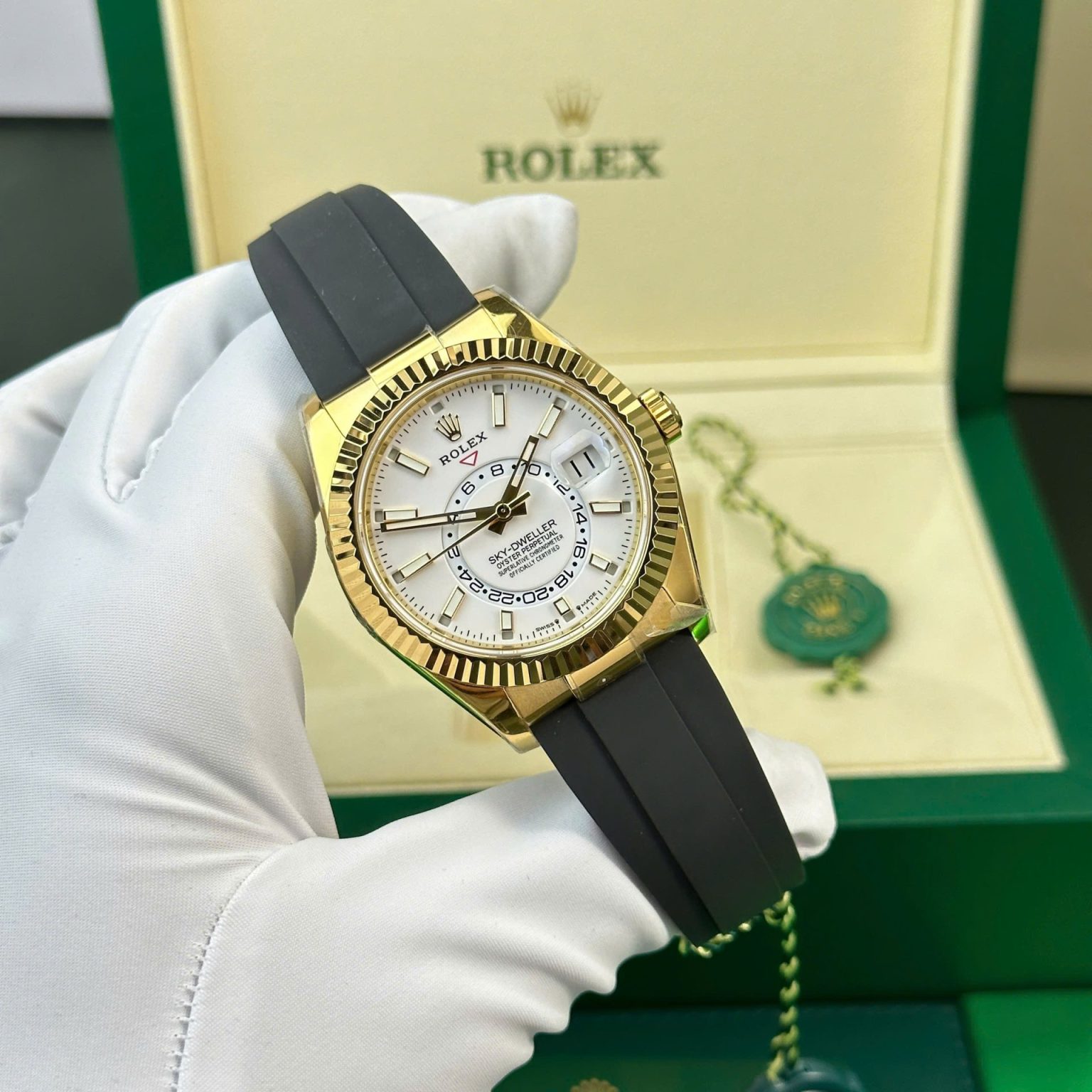 Rolex Sky-Dweller 42mm – White Dial | Custom Gold-Plated Swiss 1:1 Grade Replica Watch