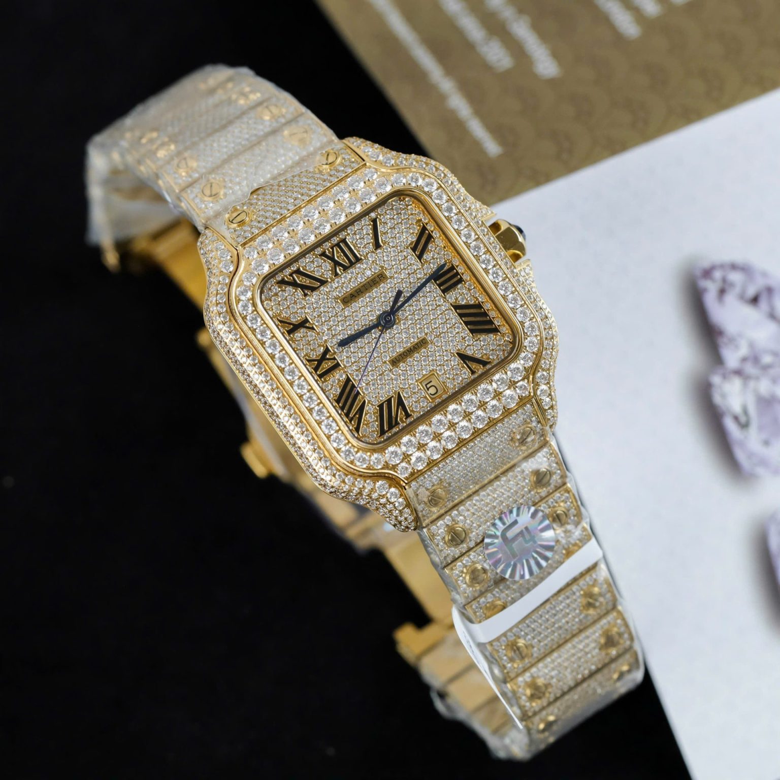 Cartier Santos Yellow Full Moissanite Custom BVF 39.8mm Swiss 1:1 Grade Watch - Image 2