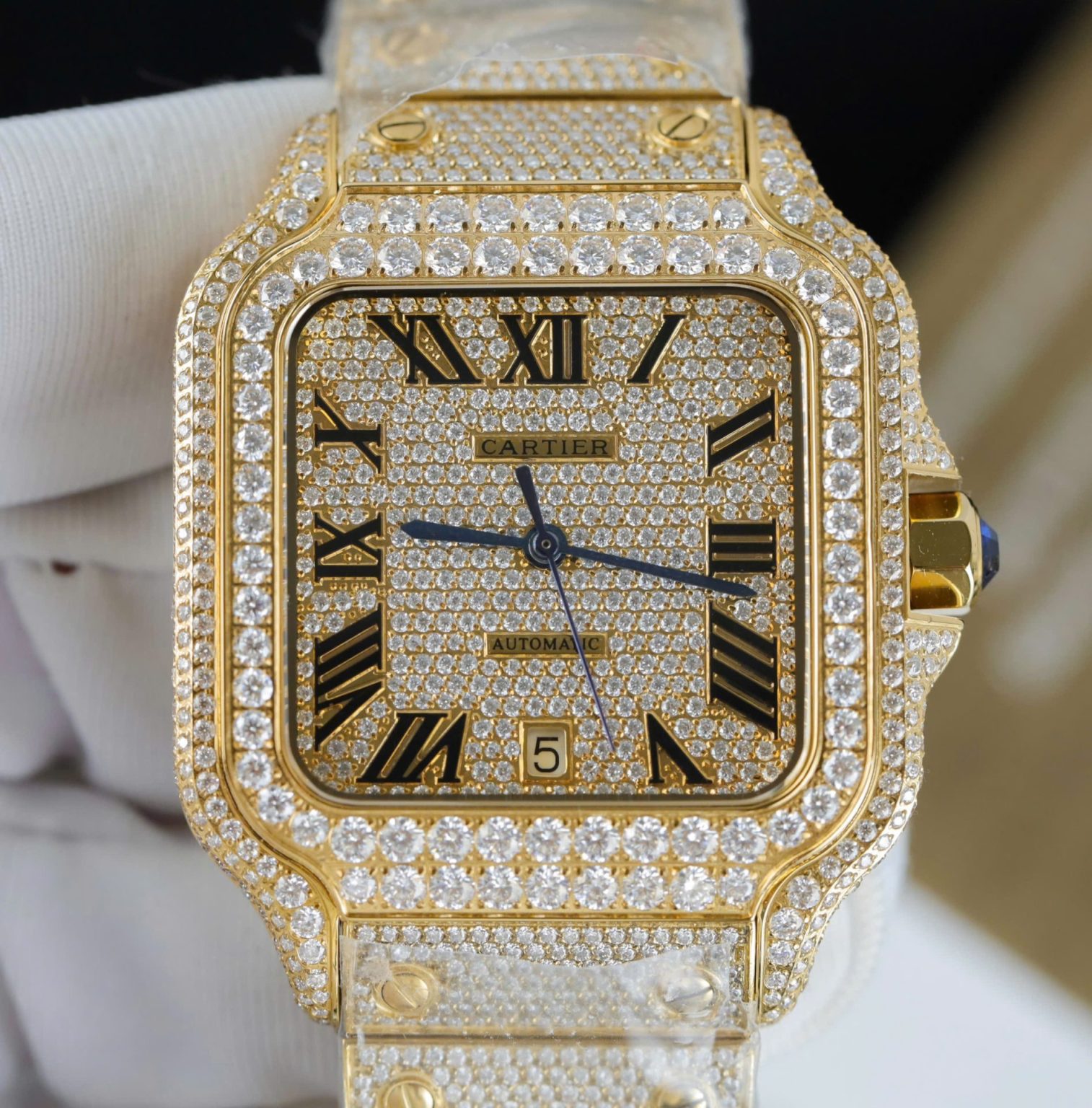 Cartier Santos Yellow Full Moissanite Custom BVF 39.8mm Swiss 1:1 Grade Watch - Image 3
